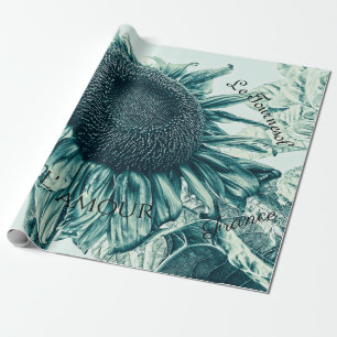 Giant Sunflower Blauwgroen Green Script Cadeaupapier