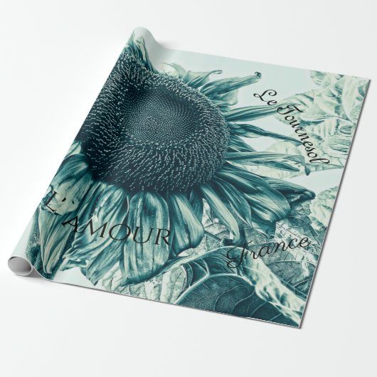 Giant Sunflower  Blauwgroen Green Script Cadeaupapier (Uitgerold)