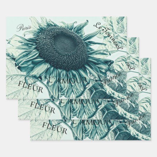 Giant Sunflower Blauwgroen Green Script Inpakpapier Vel (Set)