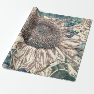 Giant Sunflower  Blauwgroen Sepia Art ontbinding Cadeaupapier