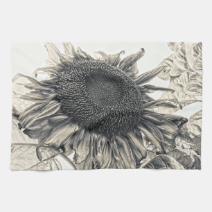 Giant Sunflower Sepia  Style Art Design Theedoek