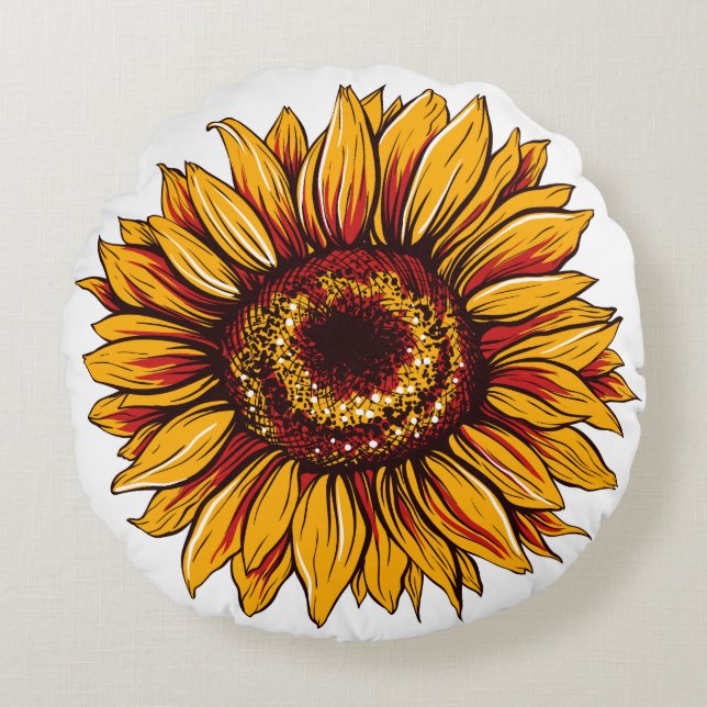 Giant Yellow en Red Sunflower Rond Kussen (Voorkant)