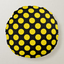 Giant Yellow Polka Dots on Black Round Pillow