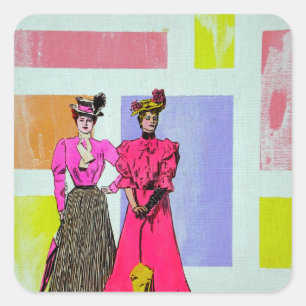 Gibson Girls in een Mondriaan Pattern Vierkante Sticker