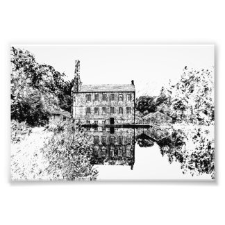 Gibson Mill, Hardcastle Crags Houtskoolkunstwerk Foto Afdruk