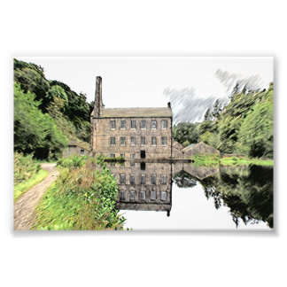 Gibson Mill, Hardcastle Crags Potlood Kunstwerk Foto Afdruk