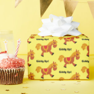 Giddy Up Children's Brown Saddle Horse Cartoon Cadeaupapier