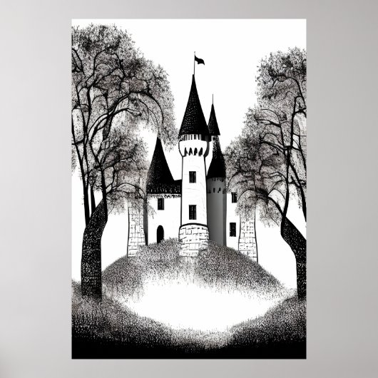 Giet op de heuvel zwart-witte schets | AI Art. Poster (Voorkant)