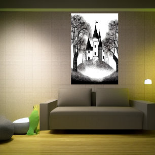 Giet op de heuvel zwart-witte schets AI Art. Poster
