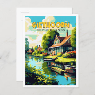 Giethoorn Nederland vintage reisillustratie Briefkaart