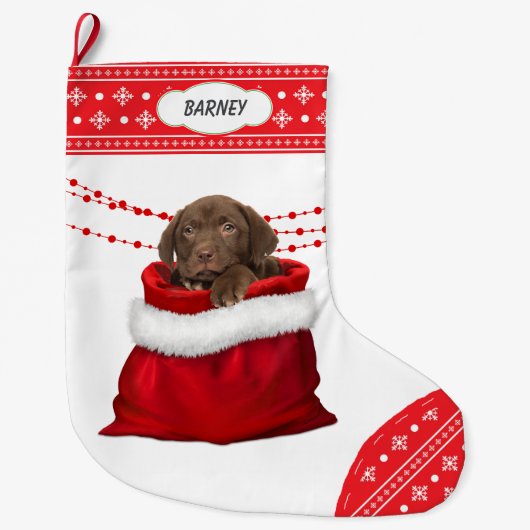 Gift Bag Chocolade Lab Pup Snowflake Border Grote Kerstsok (Voorkant)