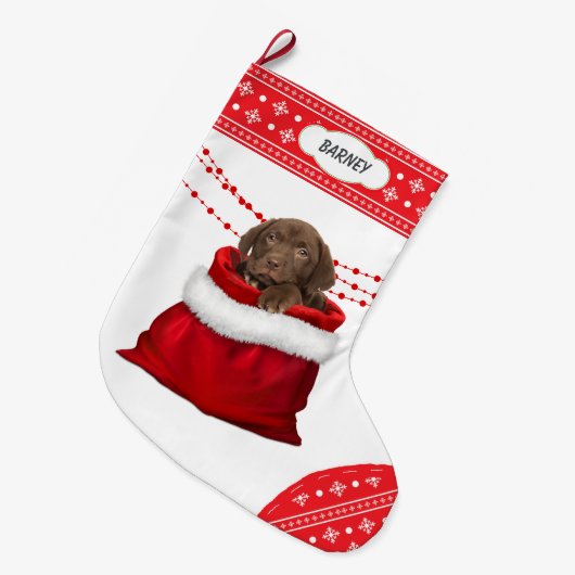 Gift Bag Chocolade Lab Pup Snowflake Border Grote Kerstsok (Voorkant (Hangend))