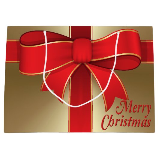 Gift Bag - Red Bow en lint op goud Large Cadeauzakje (Voorkant)