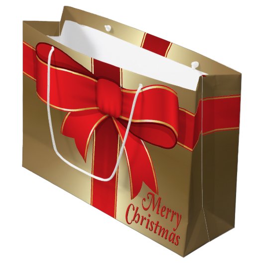 Gift Bag - Red Bow en lint op goud Large Cadeauzakje (Voorkant Gekanteld)