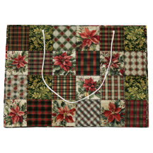Gift Bag Rustic Christmas Plaid Patchwork Rood