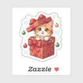 Gift Box Surprise Cute Cat Popping Out Christmas Sticker (Vel)