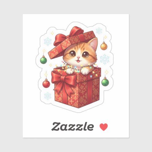 Gift Box Surprise Cute Cat Popping Out Christmas Sticker (Vel)
