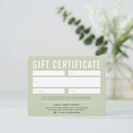 GIFT-CERTIFICAAT modern zakelijk bleek sage green (Staand voorkant)