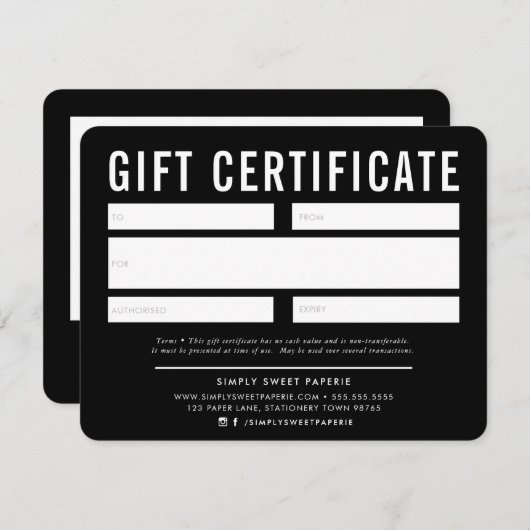 GIFT-CERTIFICAAT modern zwart wit (Voorkant / Achterkant)