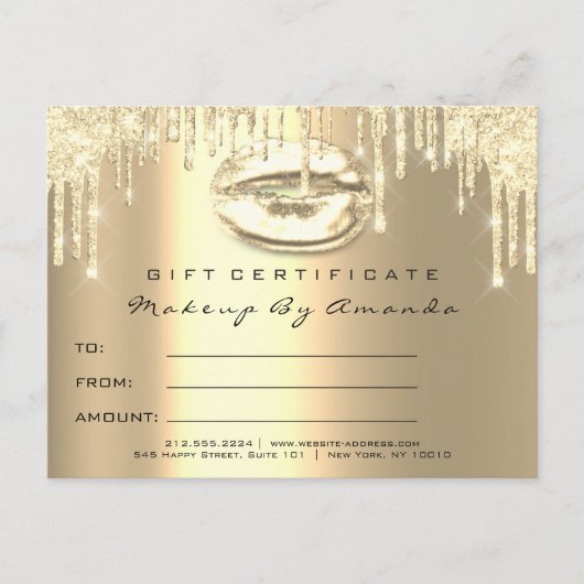 Gift Certificate Lashes Kiss LIps Makeup Gold Briefkaart (Voorkant)