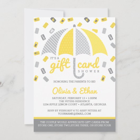 Gift Kaart Baby shower Uitnodiging, Geel en Grijs (Voorkant)