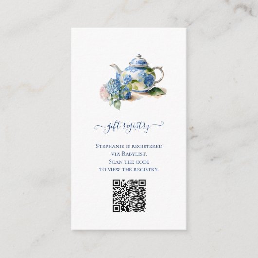 Gift Registry QR Code Blue Hydrangea Baby shower Informatiekaartje (Voorkant)