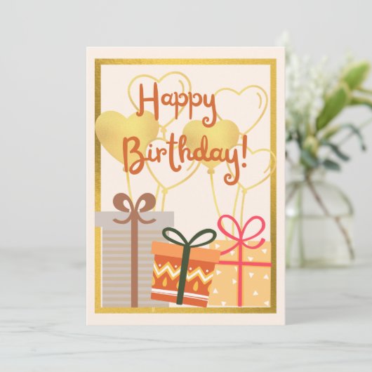 Gifts and Gold Heart-ballonnen, flat Birthday Kaart (Staand voorkant)