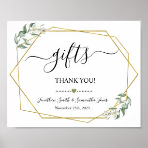 Gifts sign douche bruiloft receptie groen goud poster