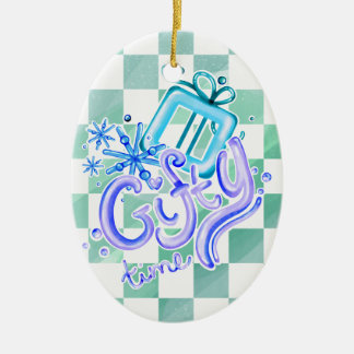 Gifty Time Blue Purple Checkerboard Oval  Keramisch Ornament