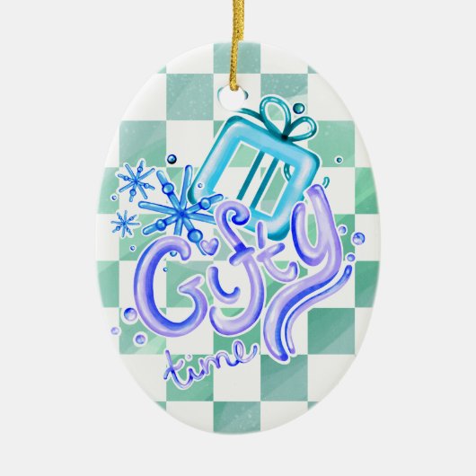 Gifty Time Blue Purple Checkerboard Oval  Keramisch Ornament (Voorkant)