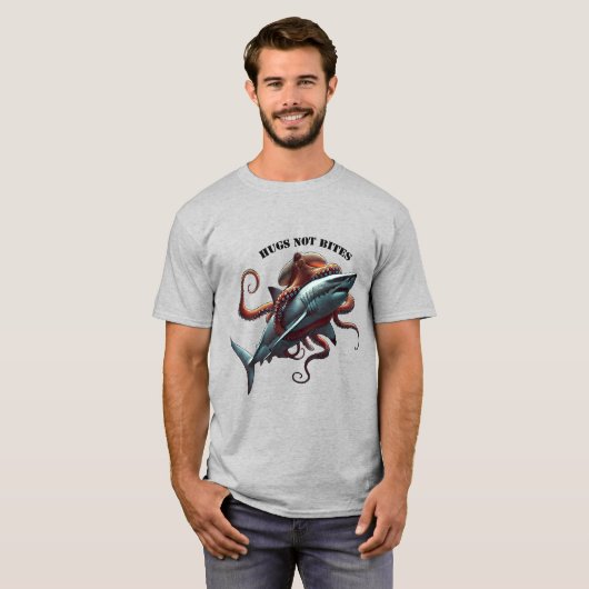 Gigantische octopus knuffelt een enorme grote witt t-shirt (Voorkant volledig)