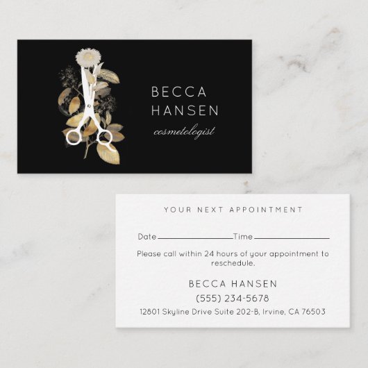 Gilded Botanical Salon Scissors Logo Appointment Visitekaartje (Voorkant / Achterkant)