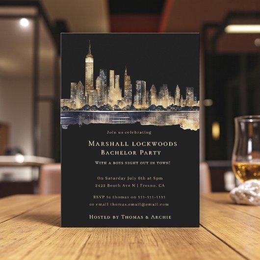 Gilded Cityscape Night Bachelor Party Invitation
