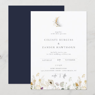 Gilded Crescent Moon Wildflower Wedding Invitation Aankondiging