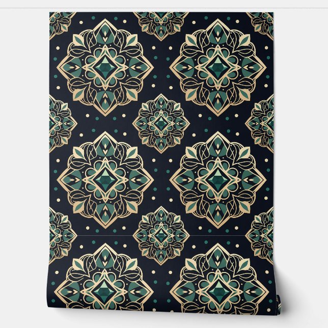 Gilded Emerald Mandala Behang (Afrollen)