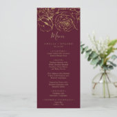 Gilded Floral Burgundy & Gold Wedding Dinner Menu (Staand voorkant)