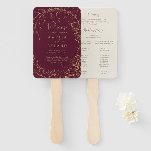 Gilded Floral Burgundy & Gold Wedding Programme Fa Handwaaier (Voorkant en achterkant)