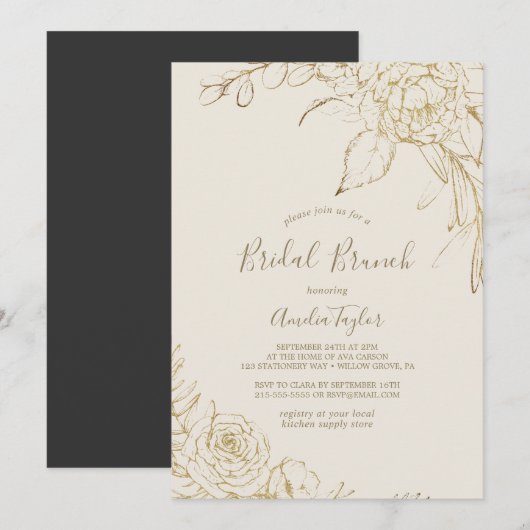 Gilded Floral | Cream and Gold Bridal Brunch Kaart (Voorkant / Achterkant)