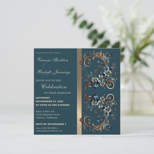 Gilded Floral Elegance Wedding Invitation Kaart (Staand voorkant)