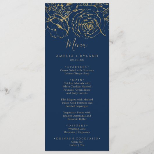 Gilded Floral | Menu Navy and Gold Wedding (Voorkant)