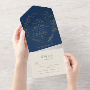 Gilded Floral Navy and Gold Wedding All In One Uitnodiging