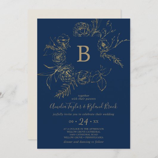 Gilded Floral | Navy Blue & Gold Monogram Weddensc Kaart (Voorkant / Achterkant)