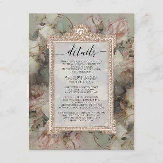 Gilded Floral Pink White Baroque Script Details Informatiekaartje (Voorkant)