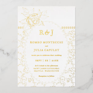 Gilded Floral Roos Front and Back Wedding Folie Uitnodiging