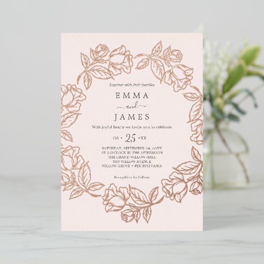 Gilded Floral | Roos Gold Foil Blush Weddenschap Folie Uitnodiging (Staand Voorkant)
