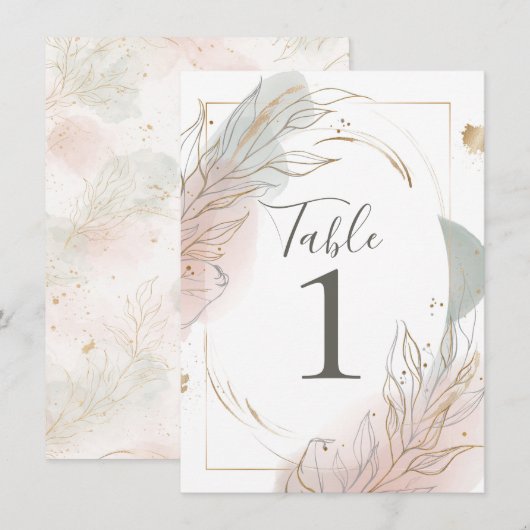 Gilded Gold Sage & Blush Botanical Table Number Kaart (Voorkant / Achterkant)