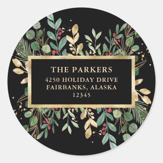 Gilded Greenery Black | Kerstadres Ronde Sticker (Voorkant)