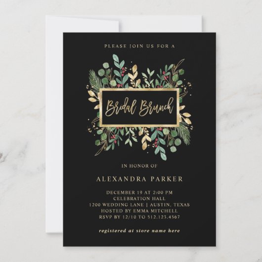 Gilded Greenery on Black | Kerstbridal Brunch Kaart (Voorkant)