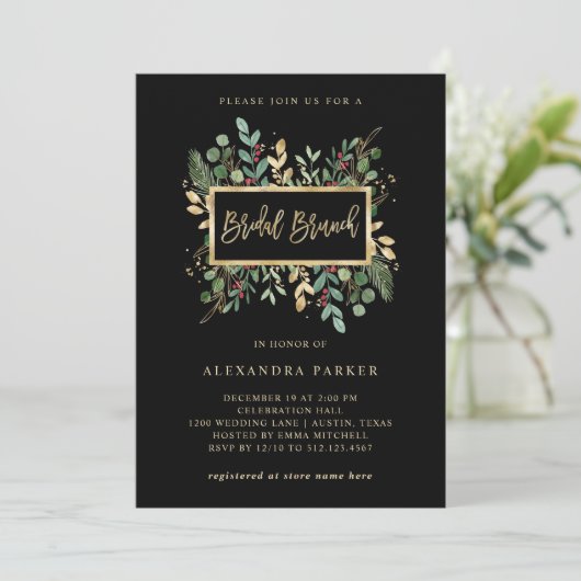 Gilded Greenery on Black | Kerstbridal Brunch Kaart (Staand voorkant)