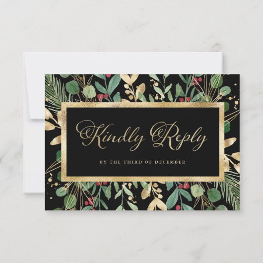 Gilded Greenery on Black | Kerstbruiloft RSVP Kaartje (Achterkant)